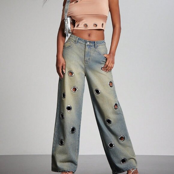 Medium Wash Punk Women's Wide Leg Baggy Jeans - Picture 3 of 7